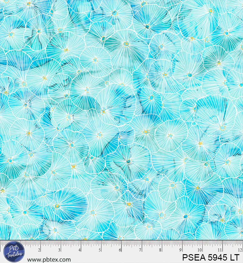 Painted Sea Light Teal Lined Anemones Fabric Yardage