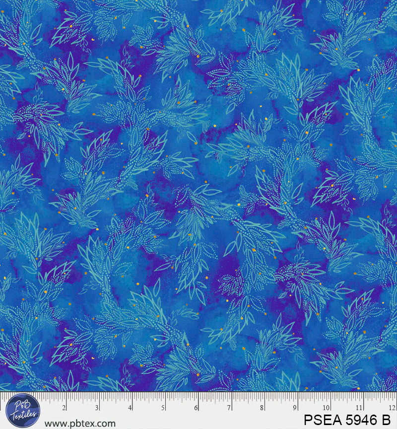 Painted Sea Blue Leaves Fabric Yardage