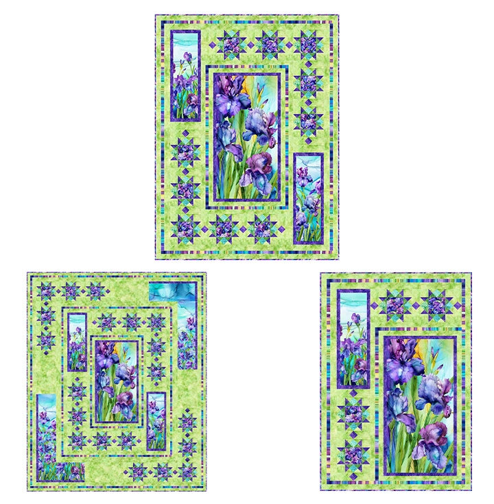 Northcott’s Stella Flora Quilt Pattern features three vibrant designs, each with a purple iris central panel, green borders, and star motifs. All share a floral theme, but vary in layout and shape for unique finished quilts.