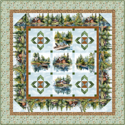 The Hideaway Quilt Kit by Quilted Joy features scenic panels of lakeside cabins, boats, and pine trees, bordered by geometric patterns and a stone-print edge for a tranquil woodland look.