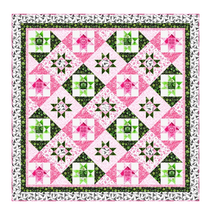 The Wicked Spellbound Quilt Kit features pink, green, and white geometric stars and squares with a black and white border. Made from Patrick Lose Fabrics, it creates a symmetrical, vibrant design perfect for quilting enthusiasts.