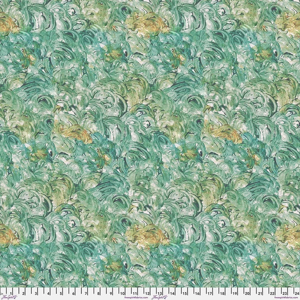 After the Rain Energy Flourish Fabric Yardage by Jaftex - FreeSpirit features an abstract, watercolor-like pattern in green, teal, and yellow by Denise Burkitt. A ruler at the bottom shows measurements in inches for scale.