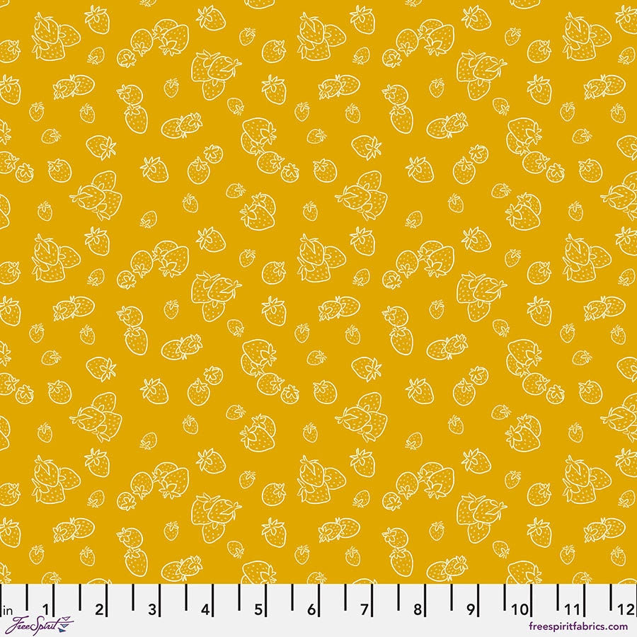 Garden Bed Yellow Strawberries Fabric Yardage by Jaftex - FreeSpirit features a yellow cotton print with white line art strawberries and blossoms. Designed by Rachel Hauer. Shown with an inch ruler from 0 to 12 for scale.
