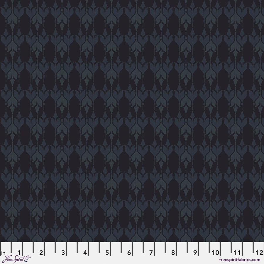 Cottage Cloth Dusk Waverly Fabric Yardage by Jaftex - FreeSpirit features a dark, repeating geometric floral pattern with blue and black tones. Stylized tulips form striking rows. Ruler at bottom shows inches 0–12 for scale.