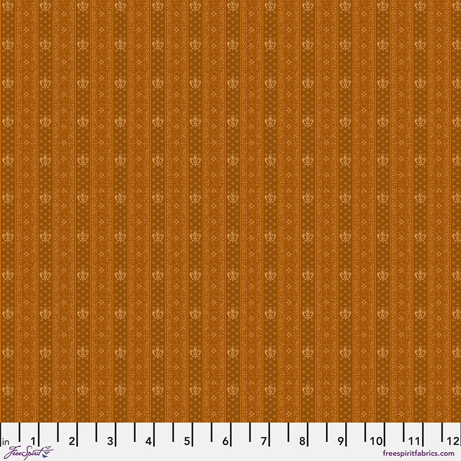 Vintage Cloth Honey Chateau Fabric Yardage by Jaftex - FreeSpirit features vertical brown and tan stripes with small floral accents, subtle textured patterns, and an inch ruler (1-12) at the bottom for scale—perfect for quilting projects.
