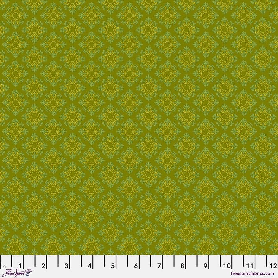 Vintage Cloth Vondel Moss Fabric Yardage by Jaftex - FreeSpirit: 100% cotton olive green quilting fabric with repeating diamond yellow floral motifs. A white 12-inch ruler at the bottom shows scale.