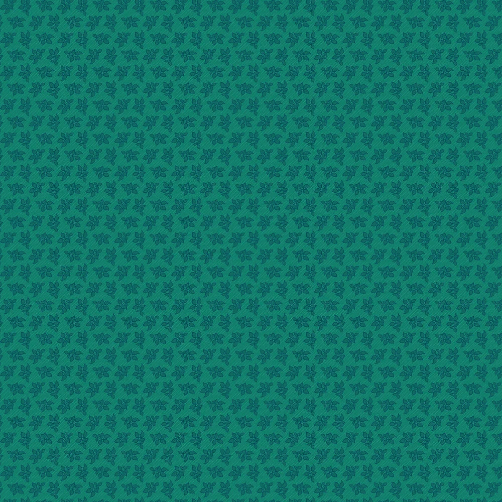 Vintage Cloth Vondel Teal House Fabric Yardage by Jaftex - FreeSpirit features a small, dark green leaf pattern on teal—ideal for cotton quilting projects with a subtle, nature-inspired touch.