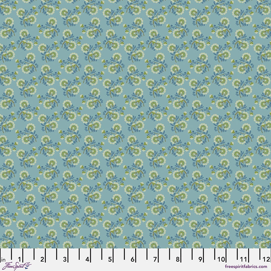 Vintage Cloth Vondel Pond Fabric Yardage by Jaftex - FreeSpirit is a blue 100% cotton fabric with small green and blue floral motifs, a white 0-12 inch ruler at the bottom, and freespiritfabrics.com in the lower right corner.
