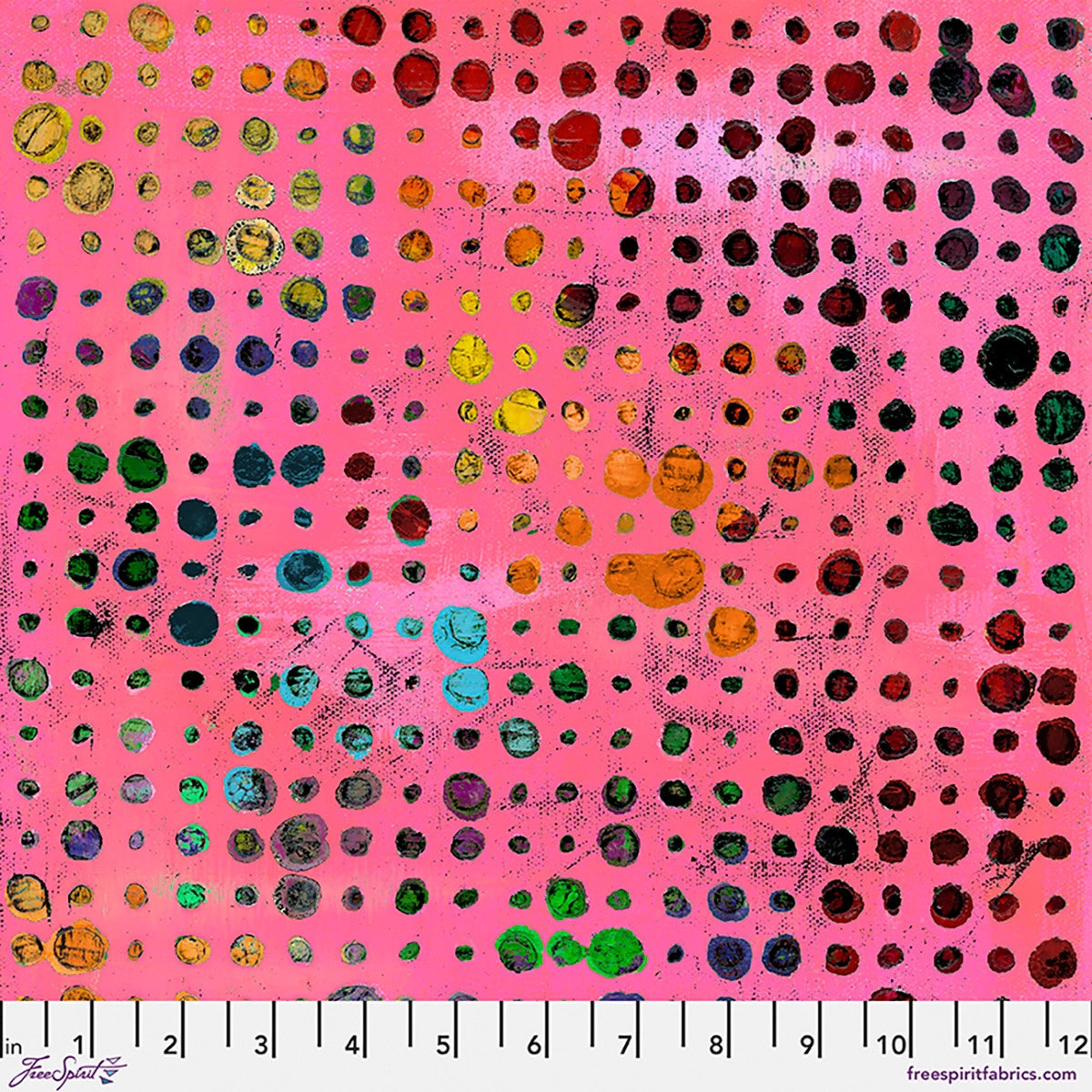 Wings of Wonder Pink Glow Fabric Yardage by Jaftex - FreeSpirit features cotton fabric with scattered, multicolored dots and a white ruler showing 0–12 inches—ideal for quilts or the Wings of Wonder collection.