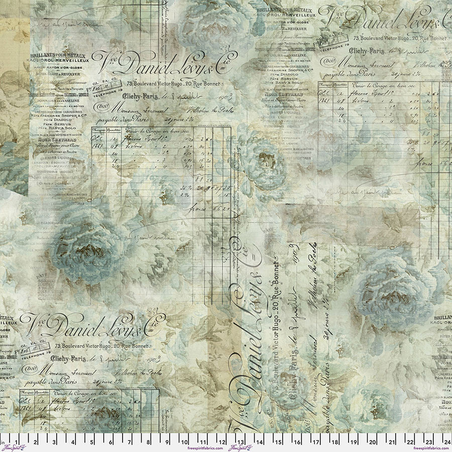 The Quilted Joy Bewitched House Backing Kit Eclectic Elements Aqua is a 108" wide fabric featuring faded script, florals, and vintage receipts in soft blue, green, and beige—ideal for vintage quilt backs or the Bewitched House Quilt Kit.