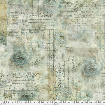 The Quilted Joy Bewitched House Backing Kit Eclectic Elements Aqua is a 108" wide fabric featuring faded script, florals, and vintage receipts in soft blue, green, and beige—ideal for vintage quilt backs or the Bewitched House Quilt Kit.