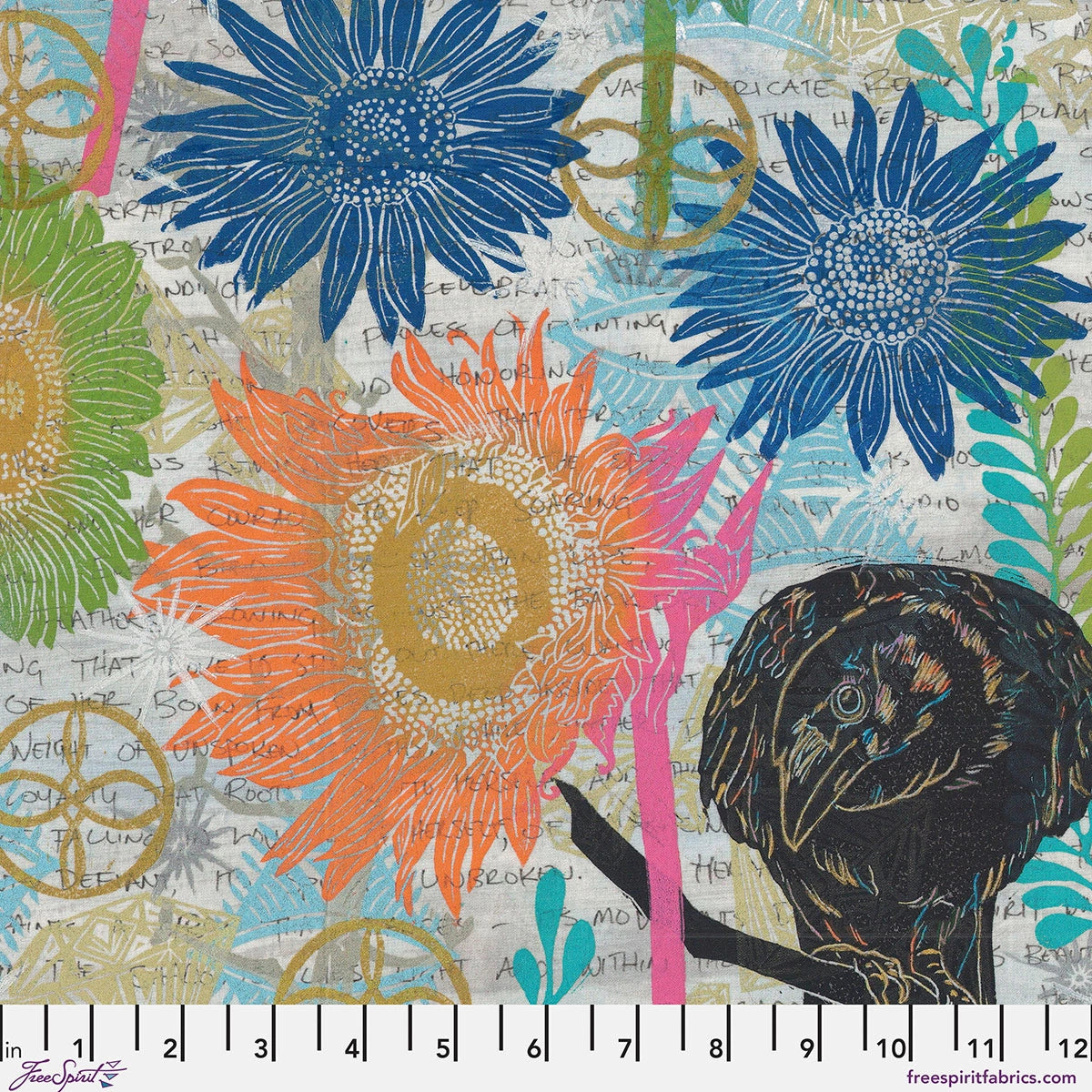 Vibrant, abstract design with blue and orange sunflowers, a black bird, gold gears, handwriting, and a ruler motif. Inspired by The Wisdom Multi The Studio Fabric Yardage from Jaftex - FreeSpirit—perfect for quilting cotton projects.