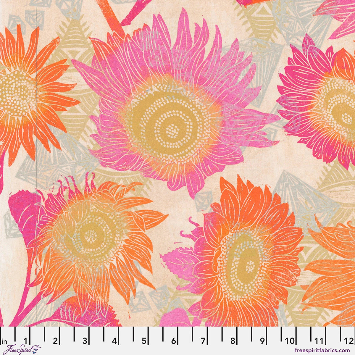 The Wisdom Warm The Sweet Summer Sun Fabric Yardage by Jaftex - FreeSpirit features bold, stylized sunflowers in orange, pink, and yellow on a light background, shown with an inch ruler—ideal quilting cotton for summer-inspired projects.