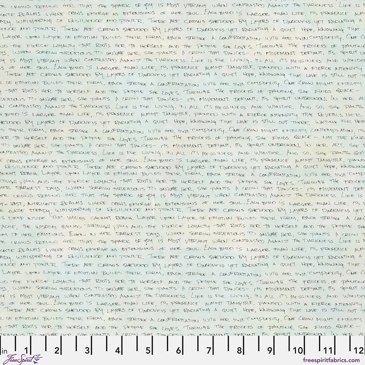 The Wisdom White The Statement Fabric Yardage by Jaftex - FreeSpirit features faint cursive script and a ruler motif in light beige and grayish blue, ideal for quilting cotton or background fabric projects.