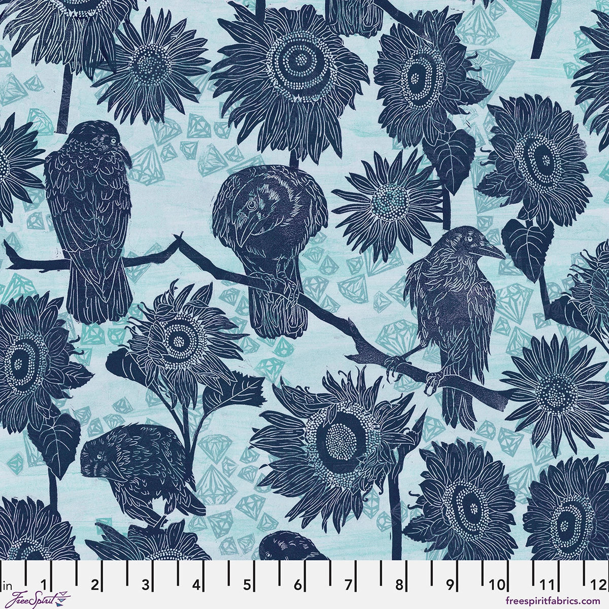 Illustration of birds on branches among sunflowers in teal and blue. The Wisdom Cool The Gathering Fabric Yardage by Jaftex - FreeSpirit features an inch scale to help measure quilting cotton from The Wisdom Collection.