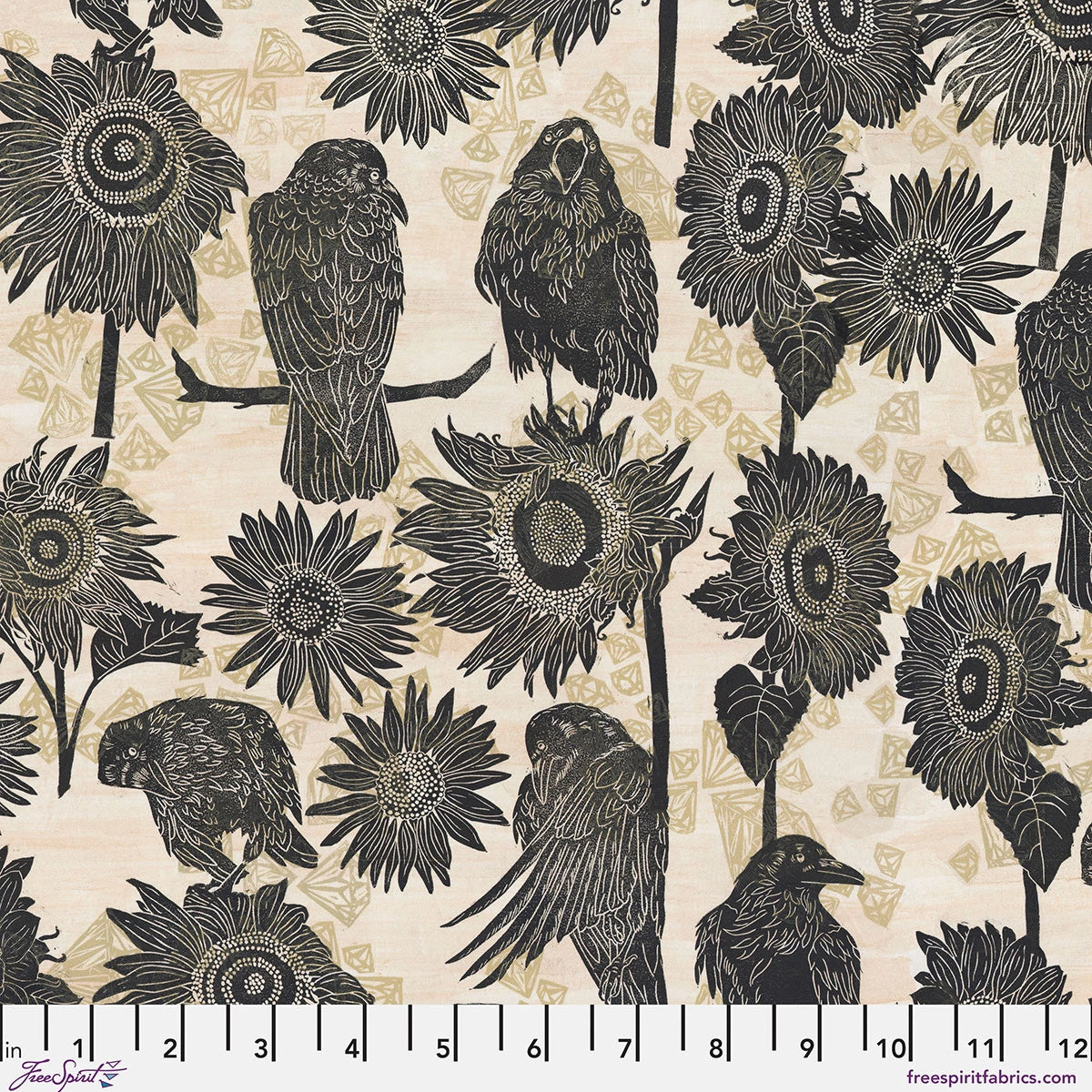 The Wisdom Neutral The Gathering Fabric Yardage by Jaftex - FreeSpirit features black crows perched among sunflowers on a beige geometric background. Perfect quilting cotton; ruler on bottom edge shows inches 0–12. Part of The Wisdom Collection.