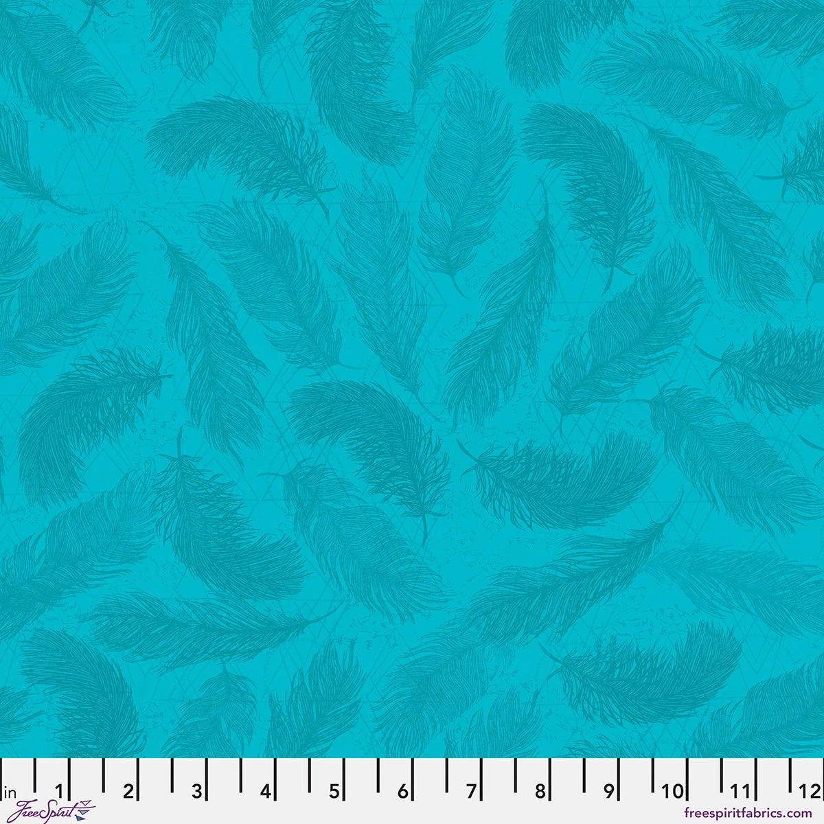 The Wisdom Aqua The Whispers Fabric Yardage by Jaftex - FreeSpirit features a subtle feather pattern in deep aqua tones. A ruler along the bottom edge measures 0 to 12 inches, making it perfect as a versatile quilting blender fabric.
