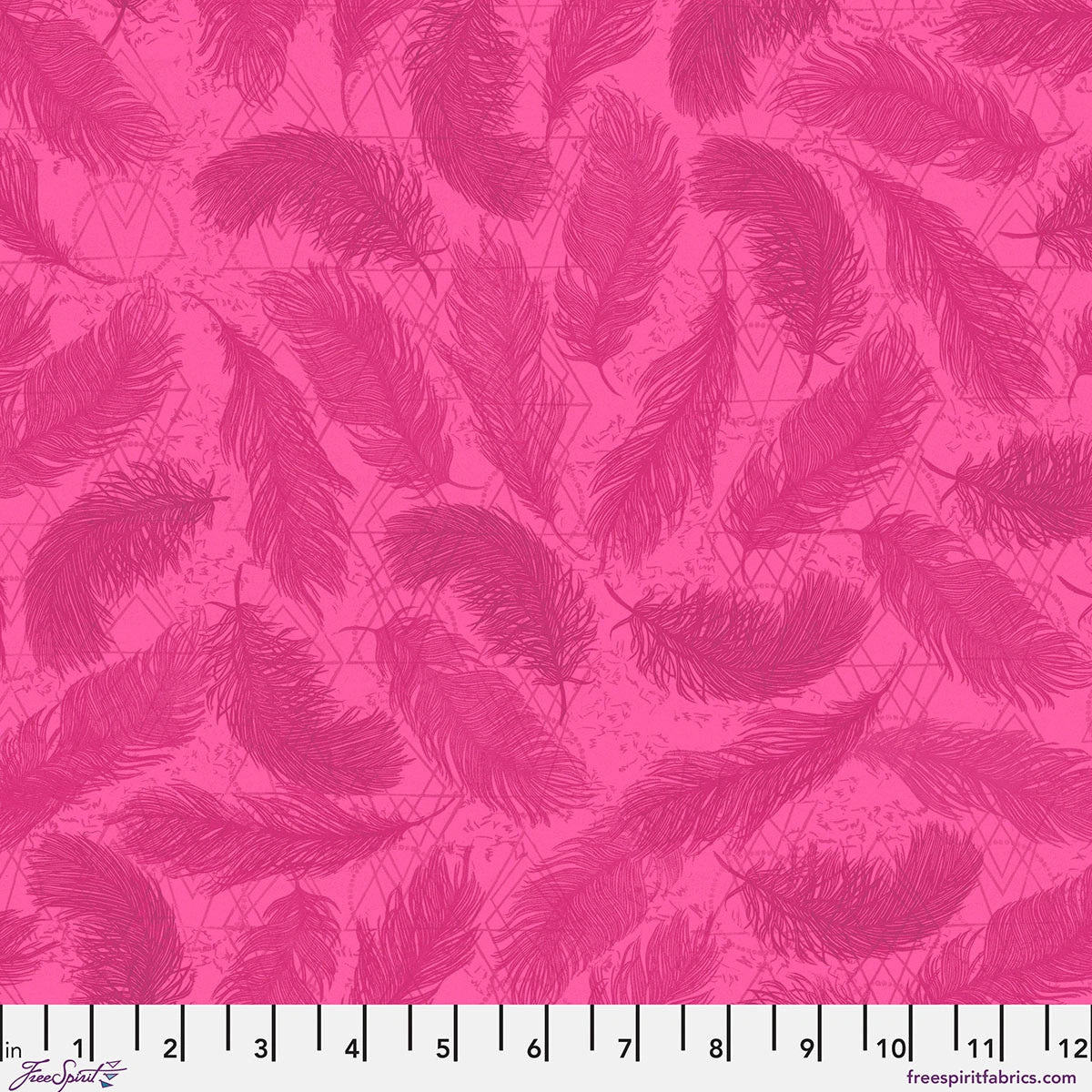 The Wisdom Pink The Whispers Fabric Yardage by Jaftex - FreeSpirit features overlapping pink feathers on a bright pink background, with a ruler at the bottom showing inch measurements from 0 to 12.