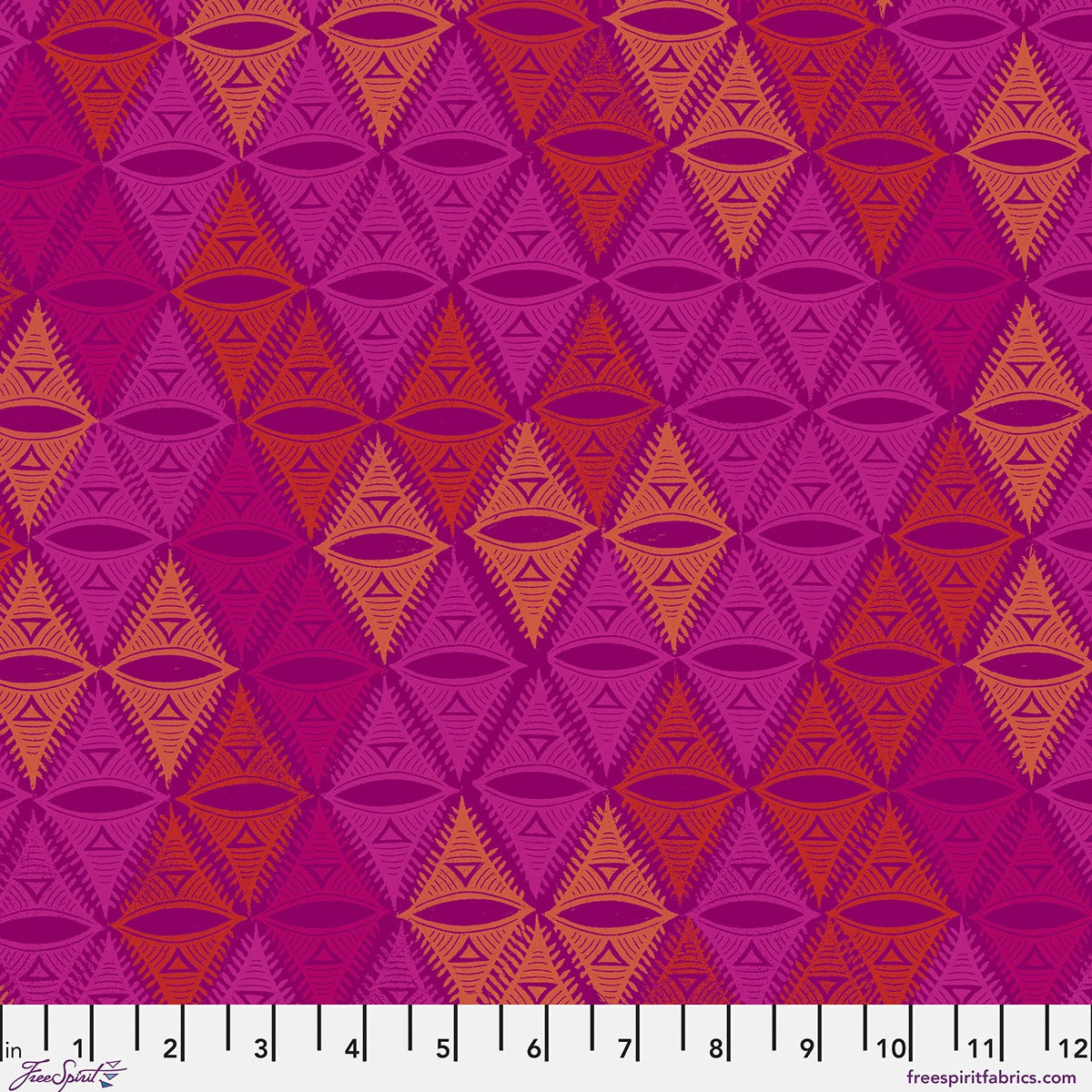 A geometric pattern of overlapping magenta, pink, and orange triangles with eye motifs and a 1–12 inch ruler. The Wisdom Warm The Ring Fabric Yardage by Jaftex - FreeSpirit is perfect quilting cotton for fabric projects.