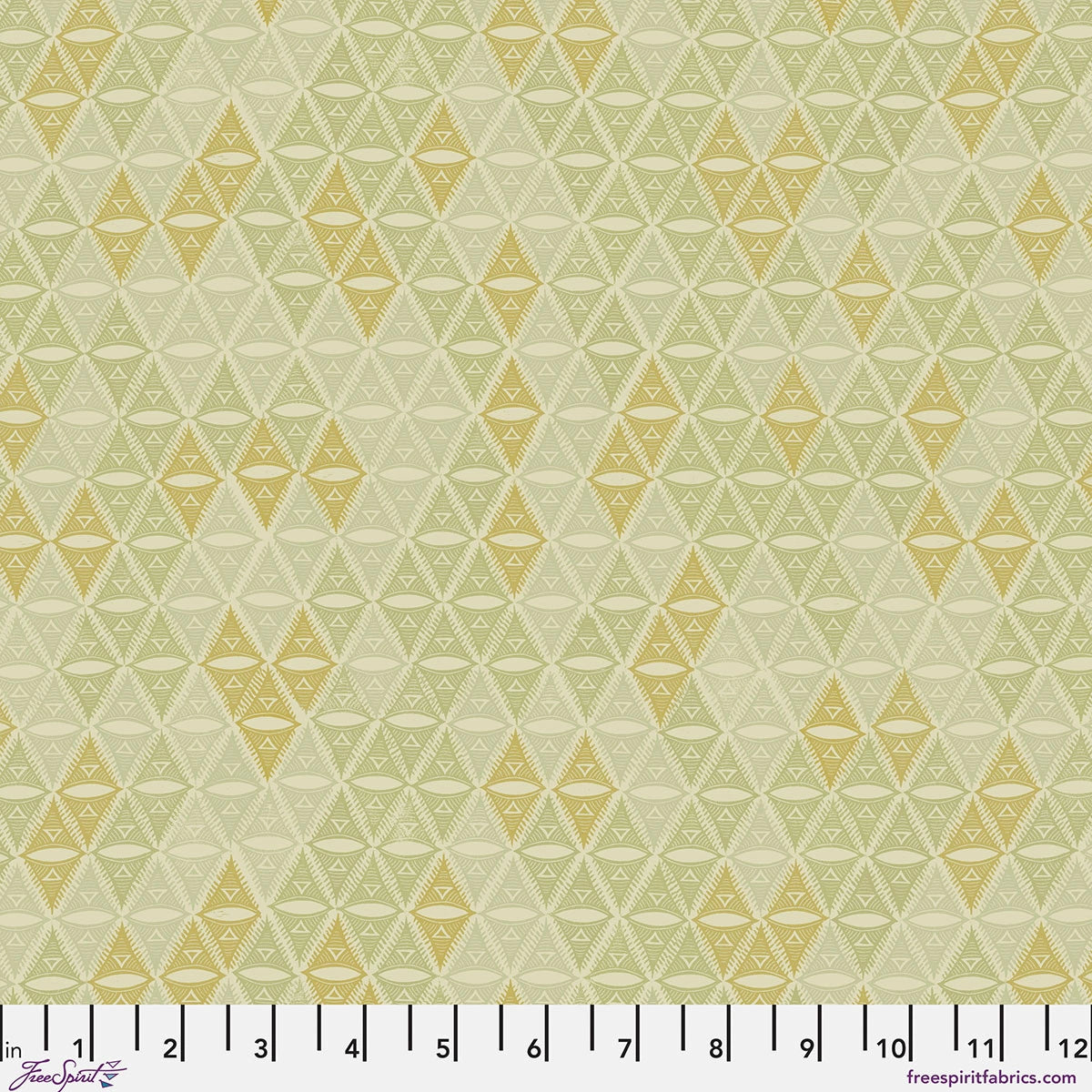 The Wisdom Neutral The Diamond Fabric Yardage by Jaftex - FreeSpirit features yellow, green, and beige triangles on light quilting cotton. A 12-inch ruler shows the scale of this neutral geometric design.