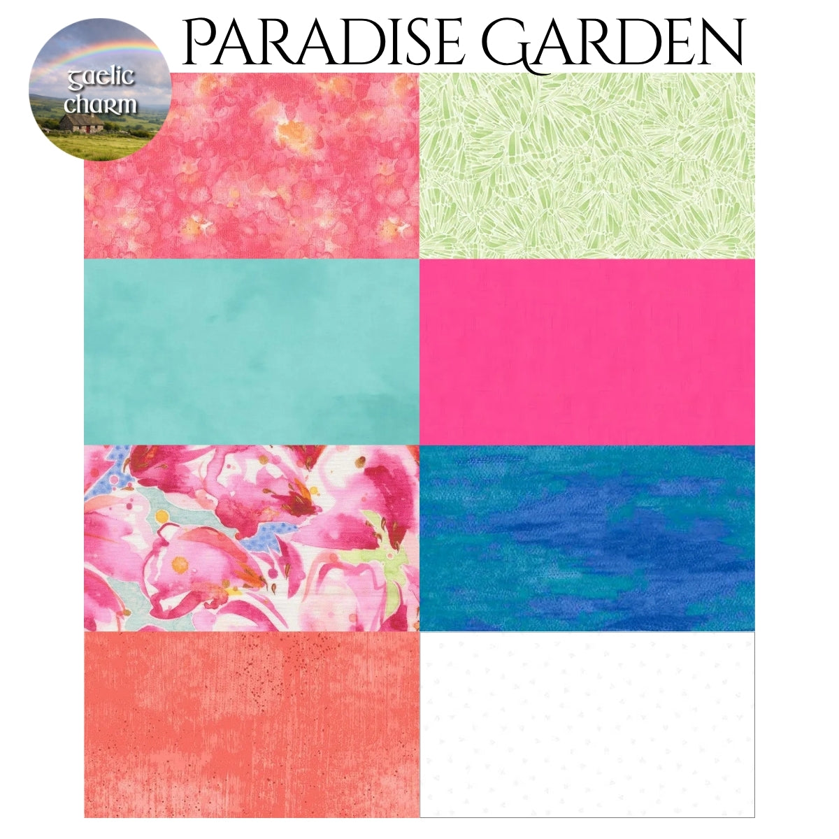 Paradise Garden swatches for Mystery Five-0 Gaelic Charm mystery quilt
