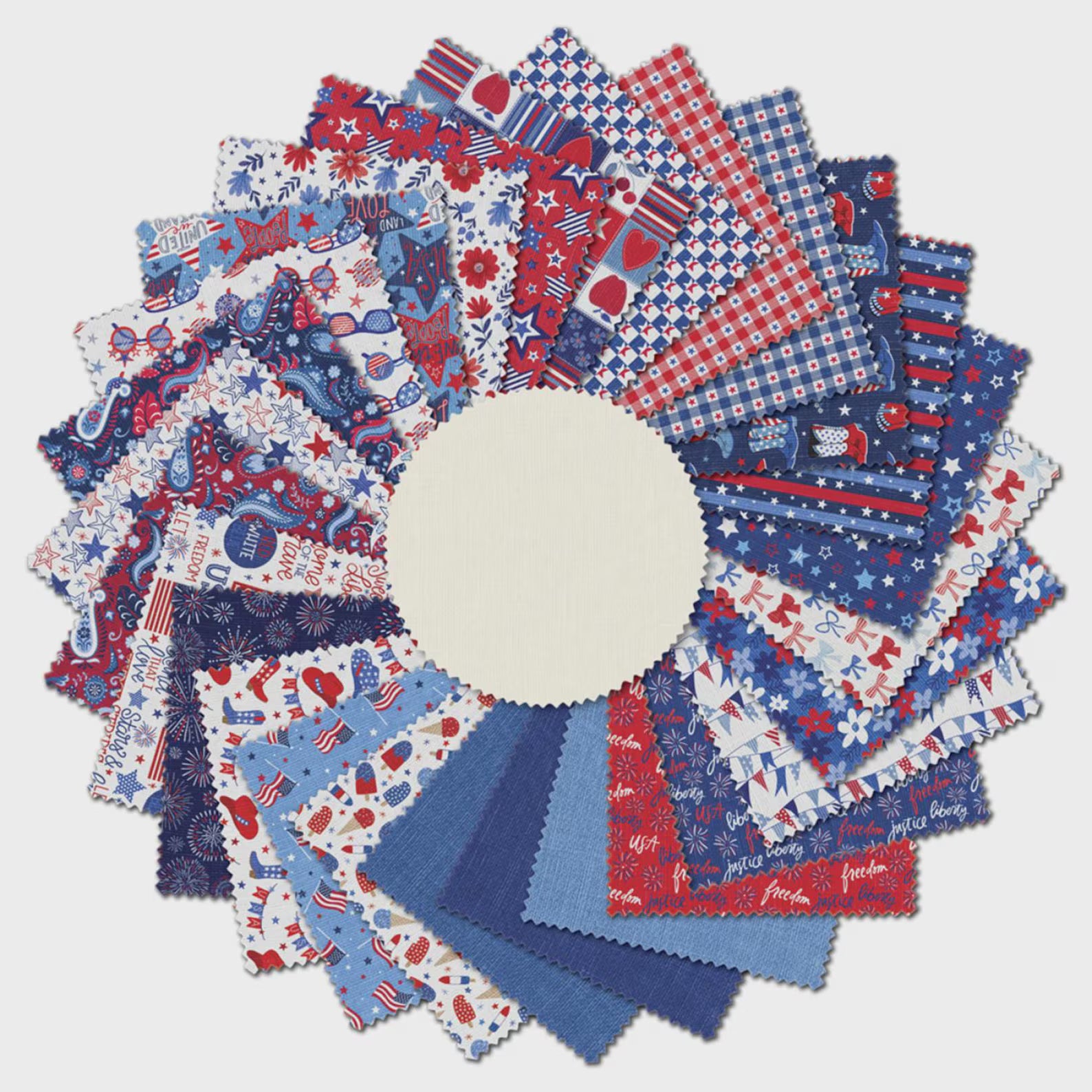 The Patriotic Minis Fat Quarter Bundle by P & B Textiles displays a circular array of red, white, and blue fabric swatches with festive stars, stripes, hearts, fireworks, and checks—plus a blank cream swatch in the center.