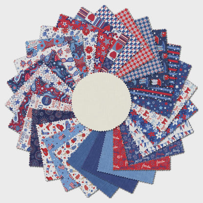 The Patriotic Minis Fat Quarter Bundle by P & B Textiles displays a circular array of red, white, and blue fabric swatches with festive stars, stripes, hearts, fireworks, and checks—plus a blank cream swatch in the center.
