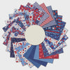 The Patriotic Minis Fat Quarter Bundle by P & B Textiles displays a circular array of red, white, and blue fabric swatches with festive stars, stripes, hearts, fireworks, and checks—plus a blank cream swatch in the center.