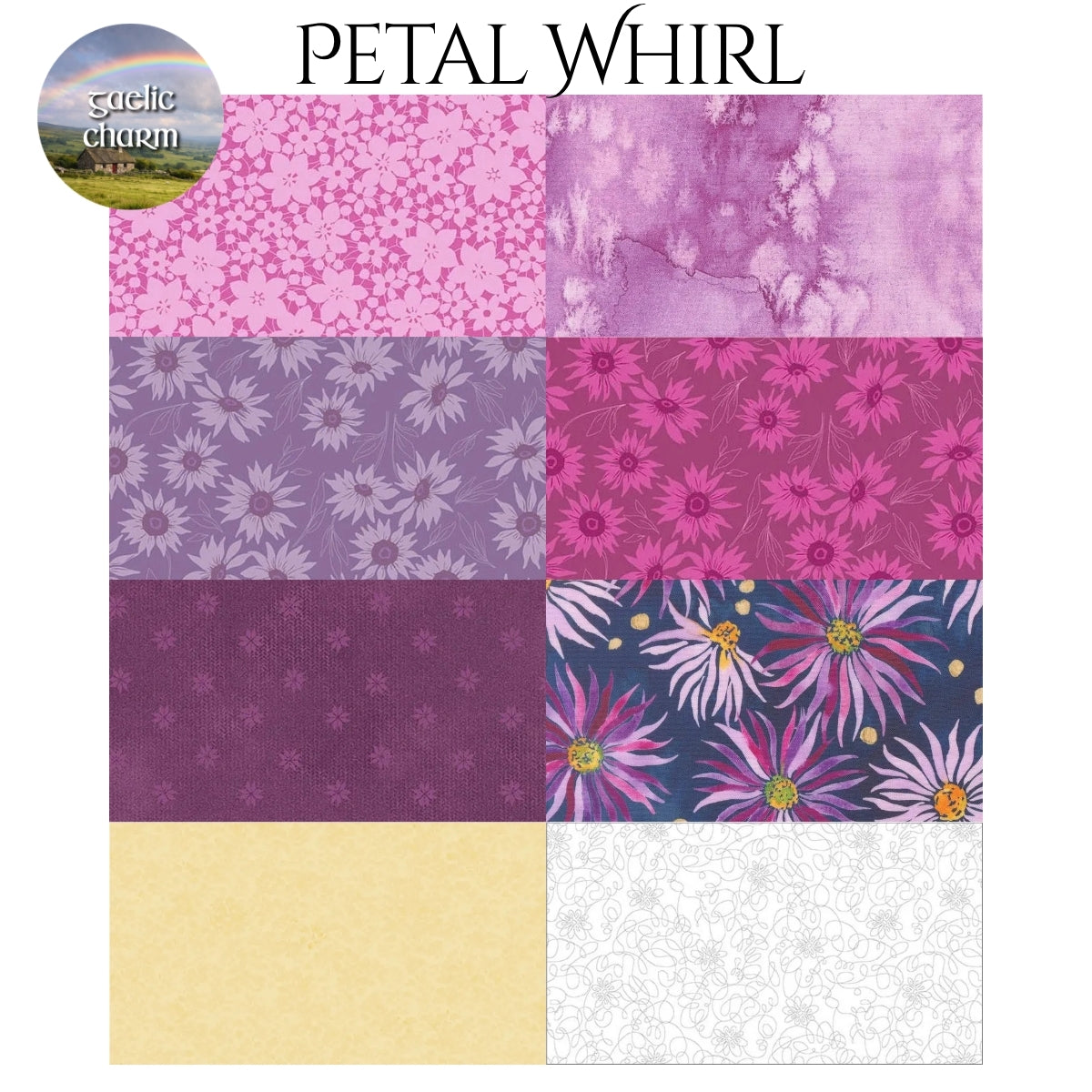 Petal Whirl fabric swatches for Mystery Five-0 Gaelic Charm mystery quilt