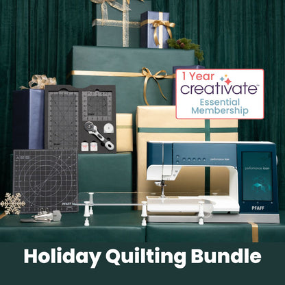 The SVP PFAFF Performance Icon Holiday Bundle is shown with wrapped gifts, quilting tools, and a 1-year creativate Essential Membership sign, all set against a festive green background.