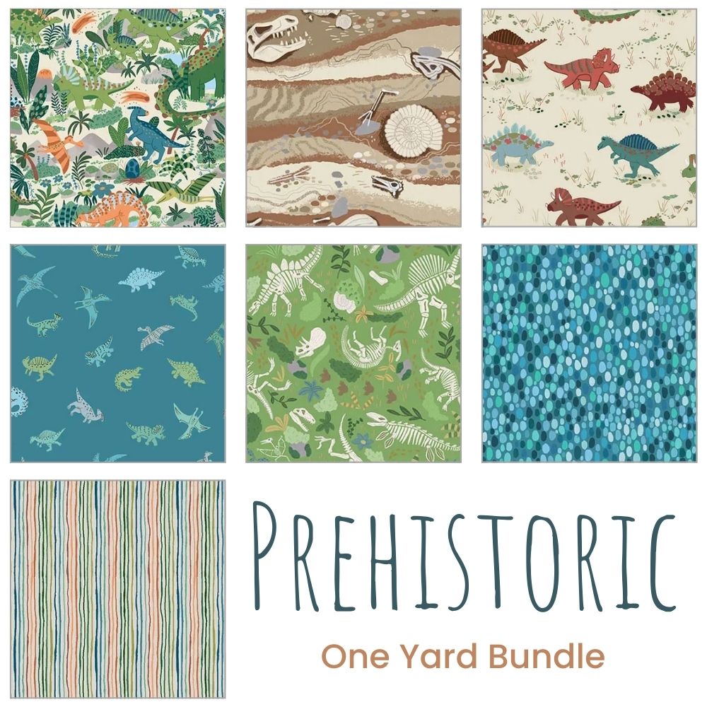 The Prehistoric One Yard Bundle by Quilted Joy includes eight dinosaur-themed fabric squares with fossils, skeletons, and bold green, blue, and striped patterns—ideal for fat quarters projects.