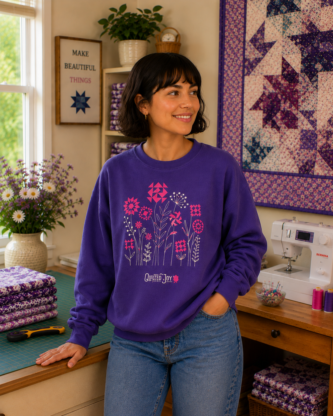 A woman in a Quilted Joy Flowers Indigo Crewneck Sweatshirt stands smiling in a cozy sewing room with quilts and flowers—a thoughtful gift for quilters from Quilted Joy.