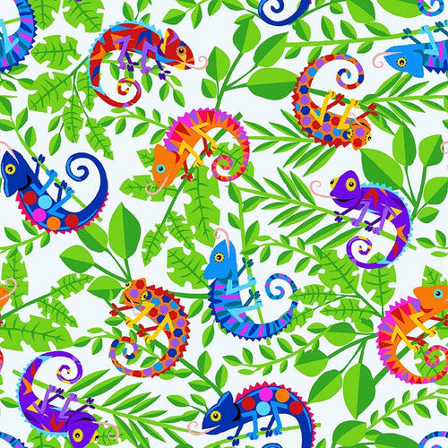 Cheerful and Colorful White Chameleons Fabric Yardage