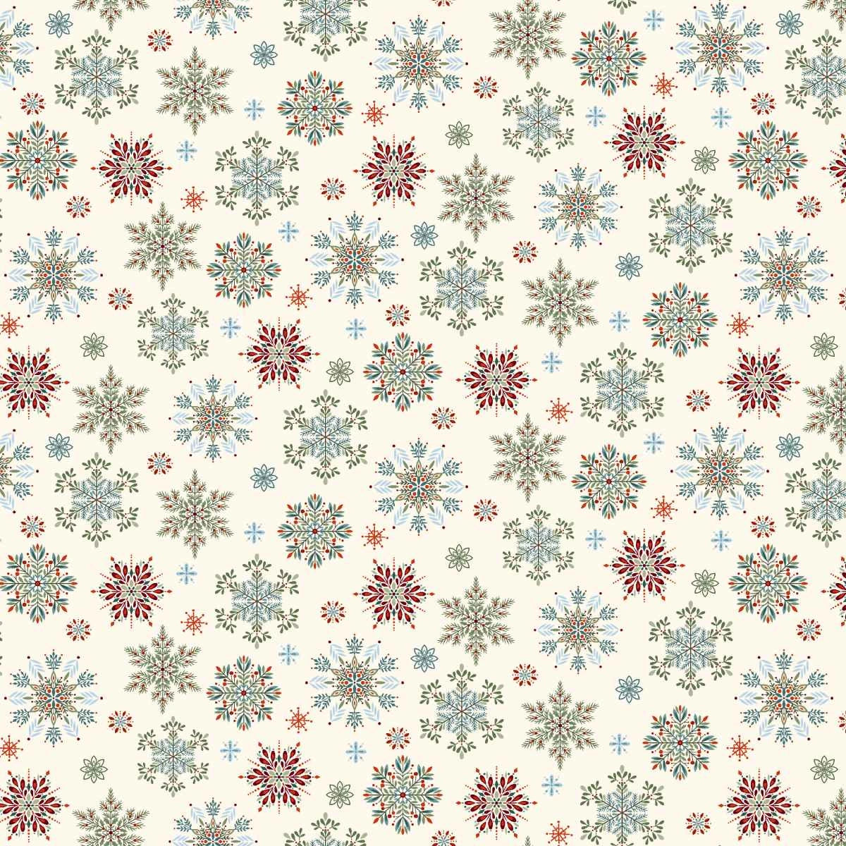 Nordic Holiday Village Cream Multi Snowflakes Fabric Yardage - quilt fabric for sewing and quilting projects