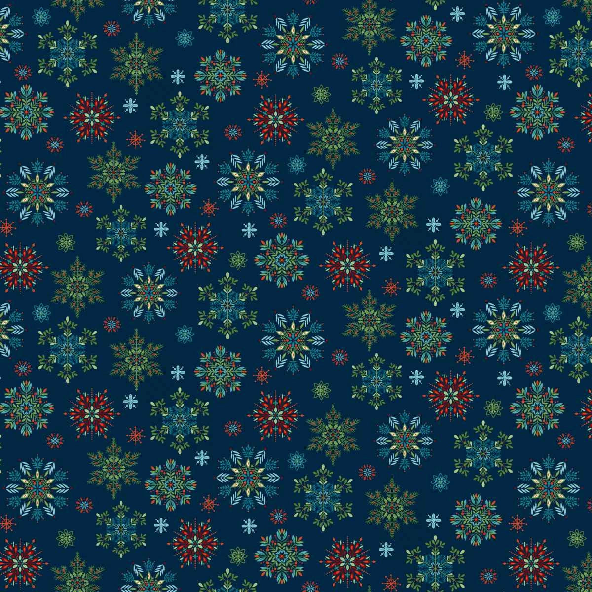 Nordic Holiday Village Blue Multi Snowflakes Fabric Yardage - quilt fabric for sewing and quilting projects