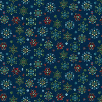 Nordic Holiday Village Blue Multi Snowflakes Fabric Yardage - quilt fabric for sewing and quilting projects