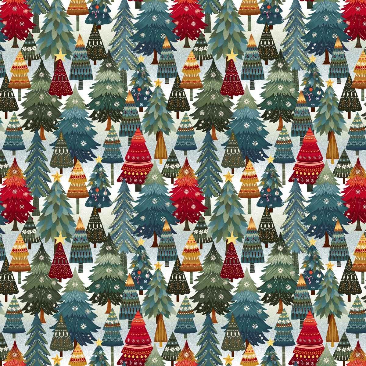 Nordic Holiday Village Ice Blue Multi Stacked Trees Fabric Yardage - quilt fabric for sewing and quilting projects