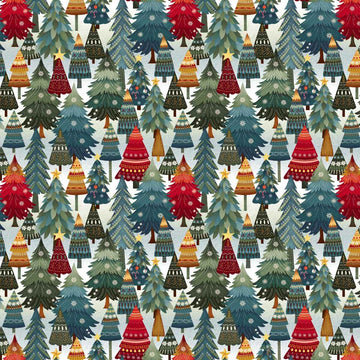 Nordic Holiday Village Ice Blue Multi Stacked Trees Fabric Yardage - quilt fabric for sewing and quilting projects