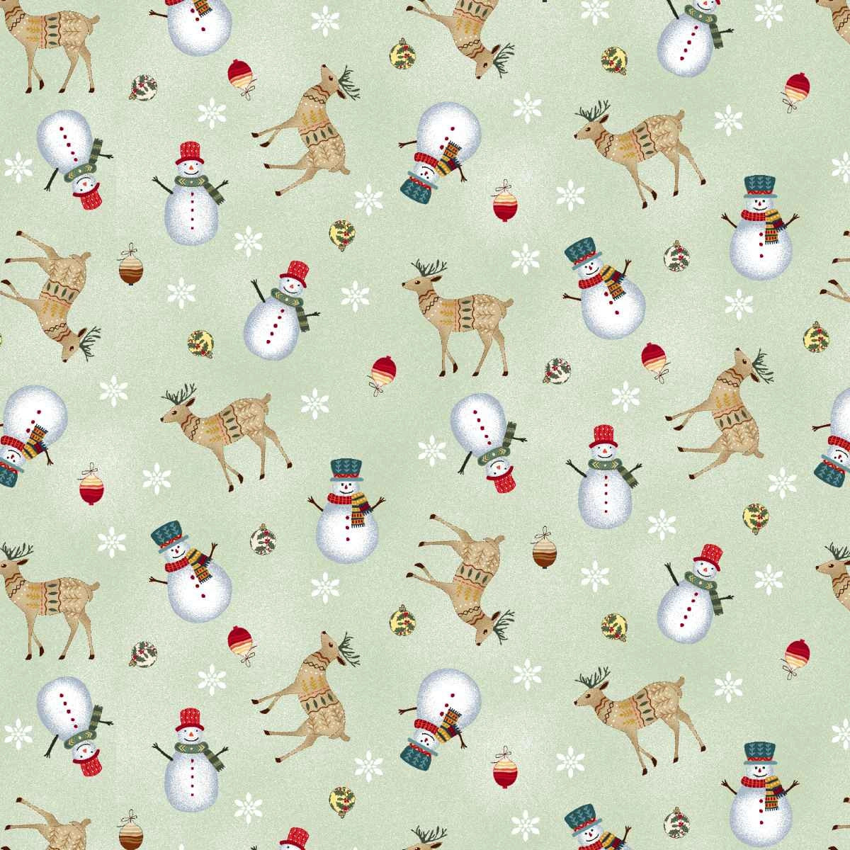 Nordic Holiday Village Light Sage Multi Tossed Reindeer Fabric Yardage - quilt fabric for sewing and quilting projects