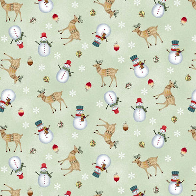 Nordic Holiday Village Light Sage Multi Tossed Reindeer Fabric Yardage