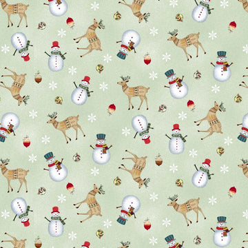 Nordic Holiday Village Light Sage Multi Tossed Reindeer Fabric Yardage - quilt fabric for sewing and quilting projects