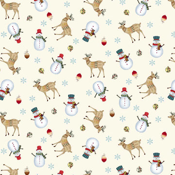Nordic Holiday Village Cream Multi Tossed Reindeer Fabric Yardage - quilt fabric for sewing and quilting projects