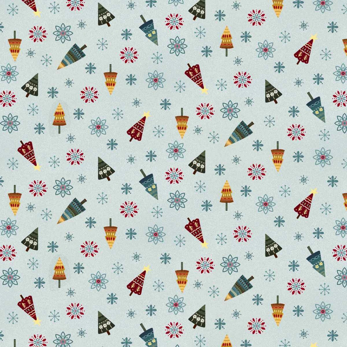 Nordic Holiday Village Ice Blue Multi Tossed Trees Fabric Yardage - quilt fabric for sewing and quilting projects