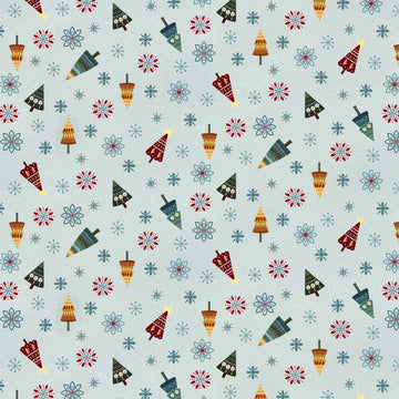 Nordic Holiday Village Ice Blue Multi Tossed Trees Fabric Yardage - quilt fabric for sewing and quilting projects
