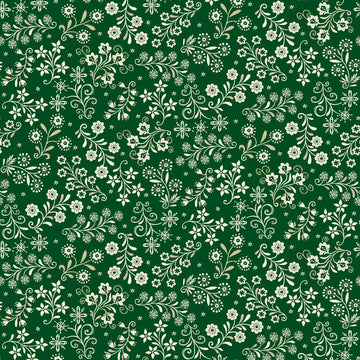Nordic Holiday Village Green Cream Floral Vines Fabric Yardage - quilt fabric for sewing and quilting projects