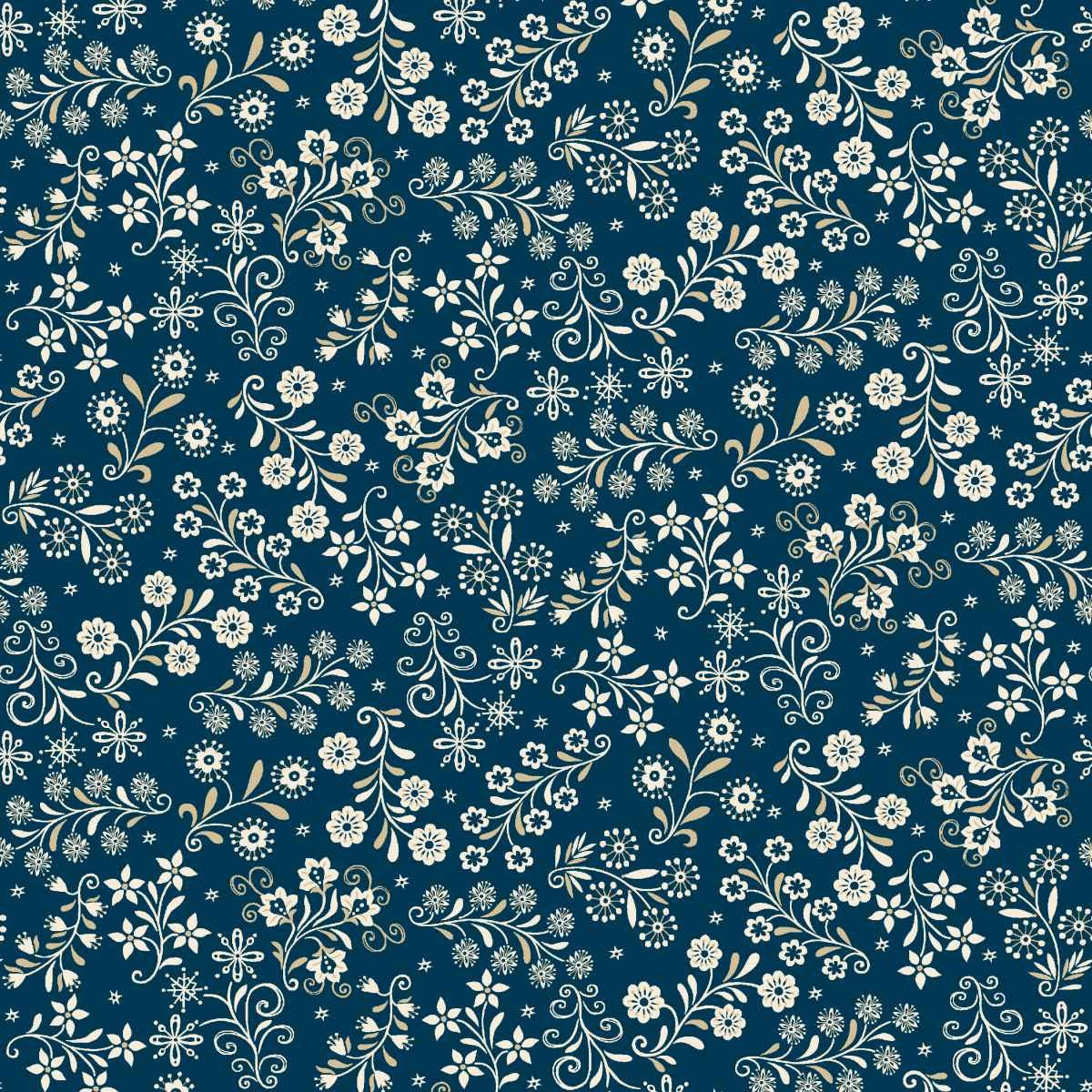 Nordic Holiday Village Blue Cream Floral Vines Fabric Yardage - quilt fabric for sewing and quilting projects