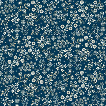 Nordic Holiday Village Blue Cream Floral Vines Fabric Yardage - quilt fabric for sewing and quilting projects