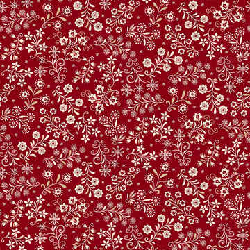 Nordic Holiday Village Red Cream Floral Vines Fabric Yardage - quilt fabric for sewing and quilting projects