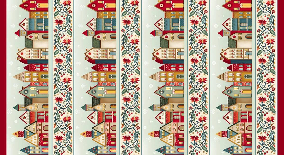 Nordic Holiday Village Cream Multi House Border Stripe Fabric Yardage - quilt fabric for sewing and quilting projects
