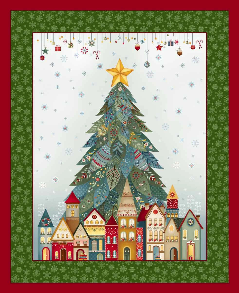 Nordic Holiday Village Ice Blue Multi Tree Panel 36" - quilt fabric panel for quilting projects